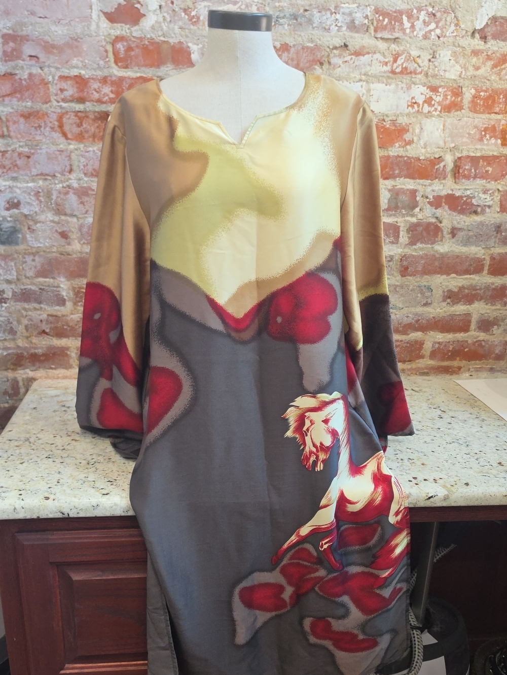Neiman Marcus Multicolor Printed Long Sleeve Dress with Red Accents - 1826